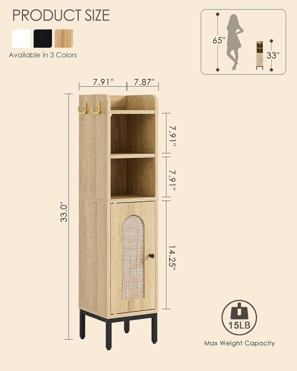 Bathroom Storage Cabinet, Small Corner Floor Hutch with 2Hooks,Narrow Toilet ...