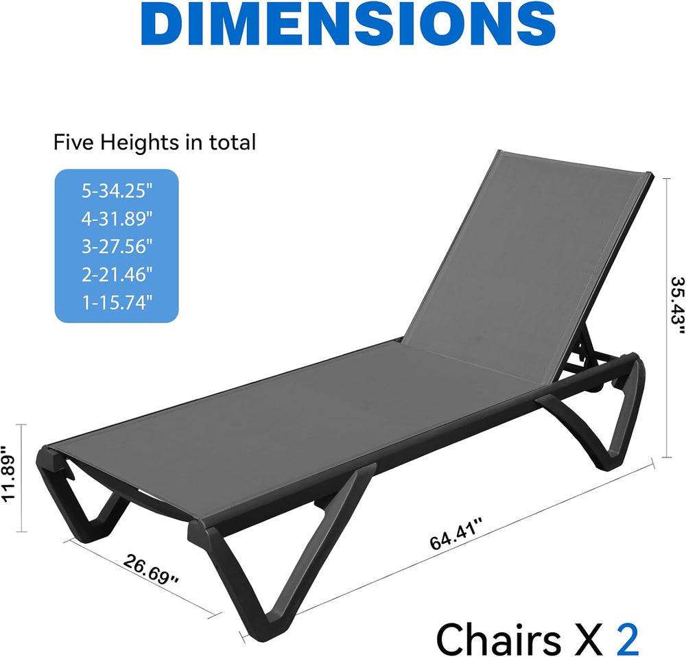 Outdoor Lounge Chairs Set of 2, Aluminum Pool Lounge Chairs with 5 Adjustable...