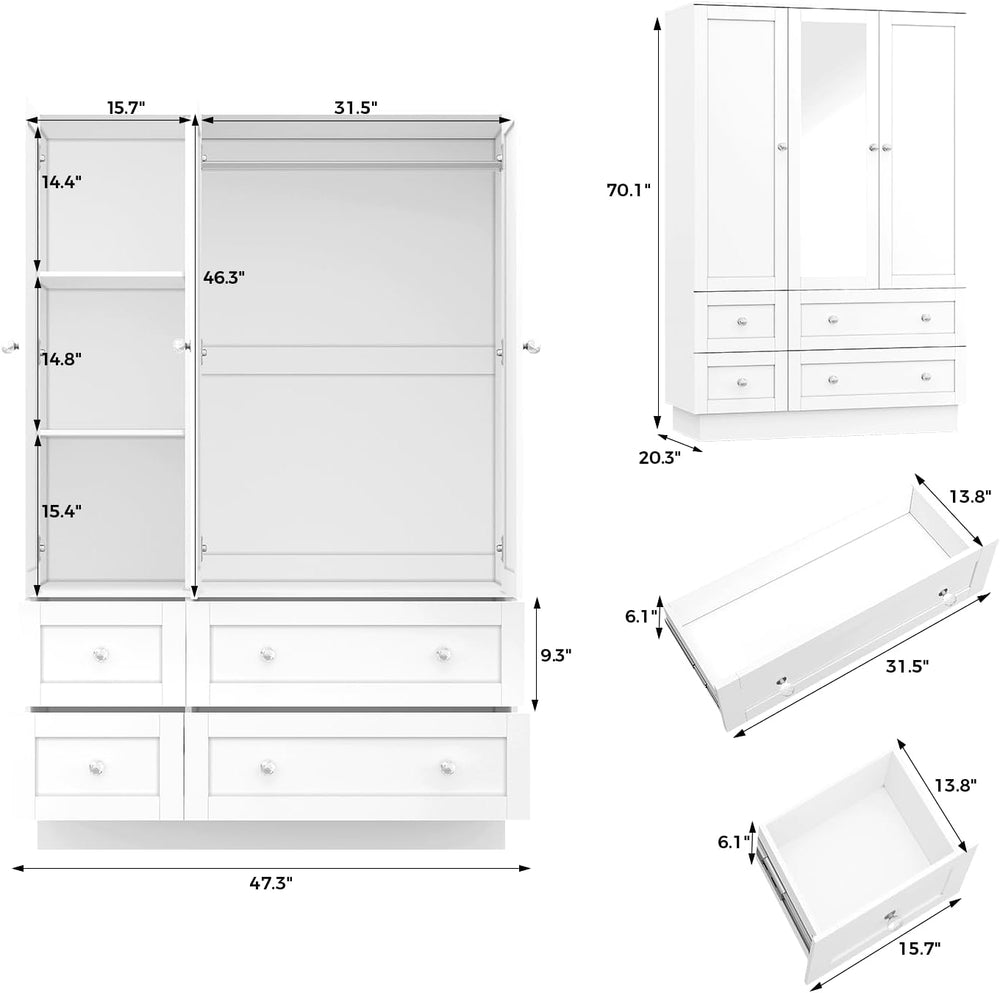 VOWNER Wardrobe Closet with 3 Doors Bedroom Armoire with Mirror & 4 Drawers