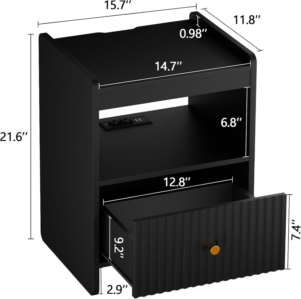 HIFYOBRO 21.6" Fluted Nightstand, End Table with Charging Station and LE...