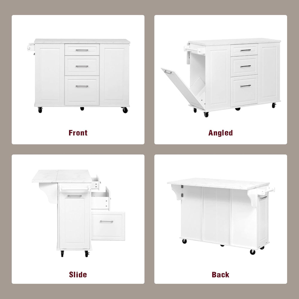 50.7" Kitchen Island with Drop Leaf Storage for Trash Can White