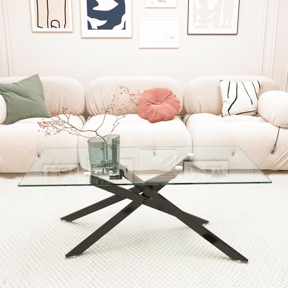 39.37-Inch Glass Coffee Table, Clear Tempered Top with Black Metal Legs | Rec...