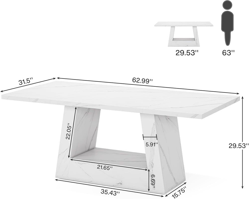 63" White Dining Table for 4-6 People, Modern Faux Marble Wooden Table w...