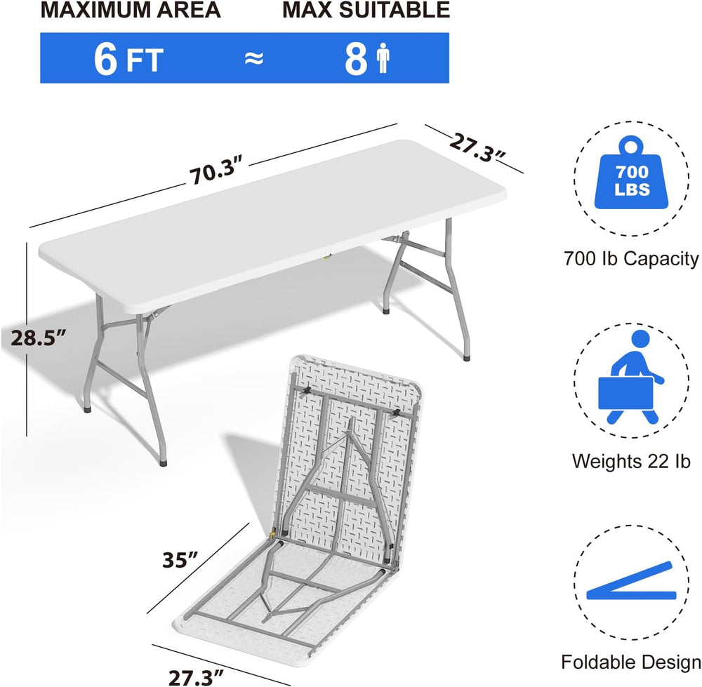 4 Pack Foldable Table 6ft, Plastic Folding Table, Portable Heavy Duty Dining ...
