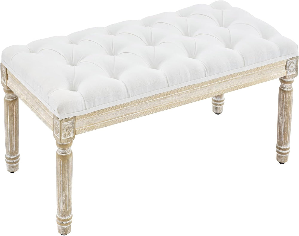 LOULENS French Vintage Bench, Linen Fabric Entryway Bench, Upholstered Tufted...