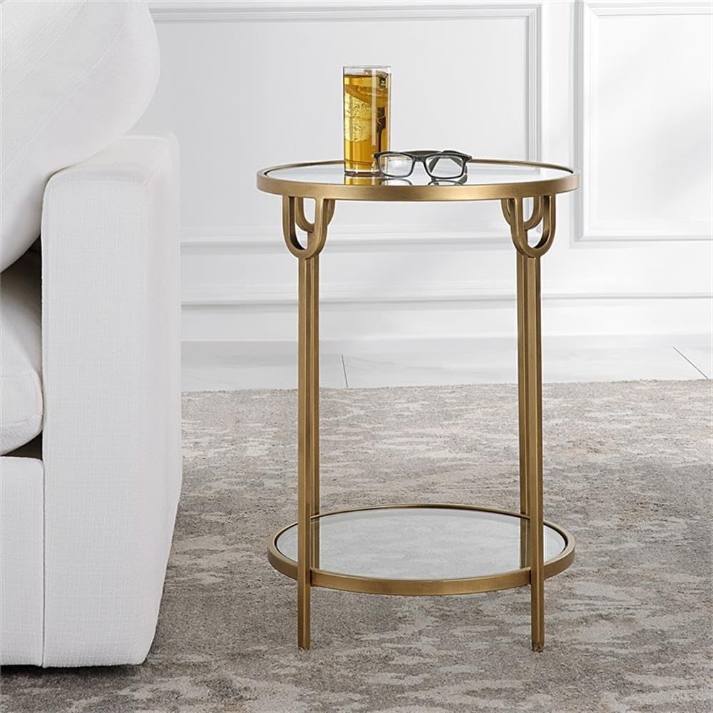 BOWERY HILL Round Two-Tier Iron Accent Table, Antique Gold Finish, Mirrored T...