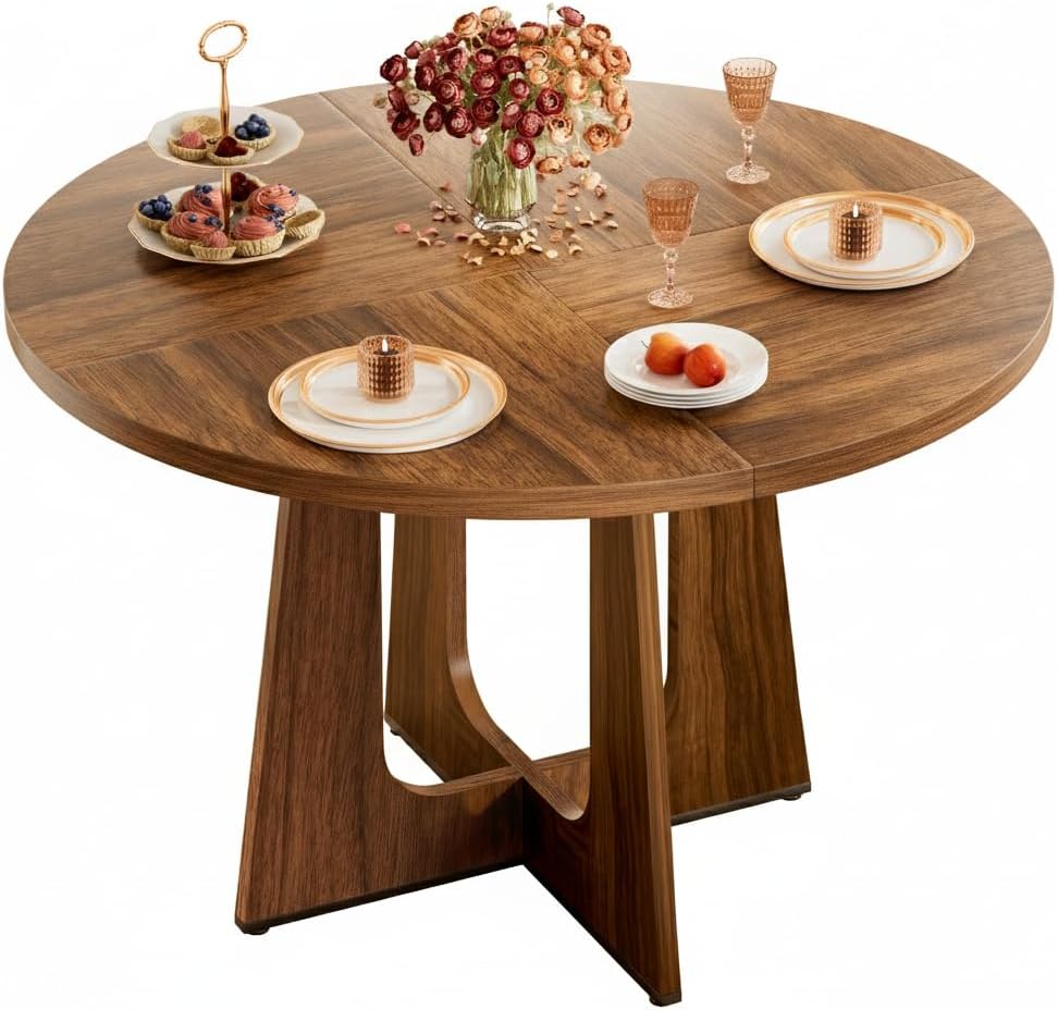 47" Round Dining Table for 4-6, Farmhouse Wood Kitchen Table, Mid-Centur...