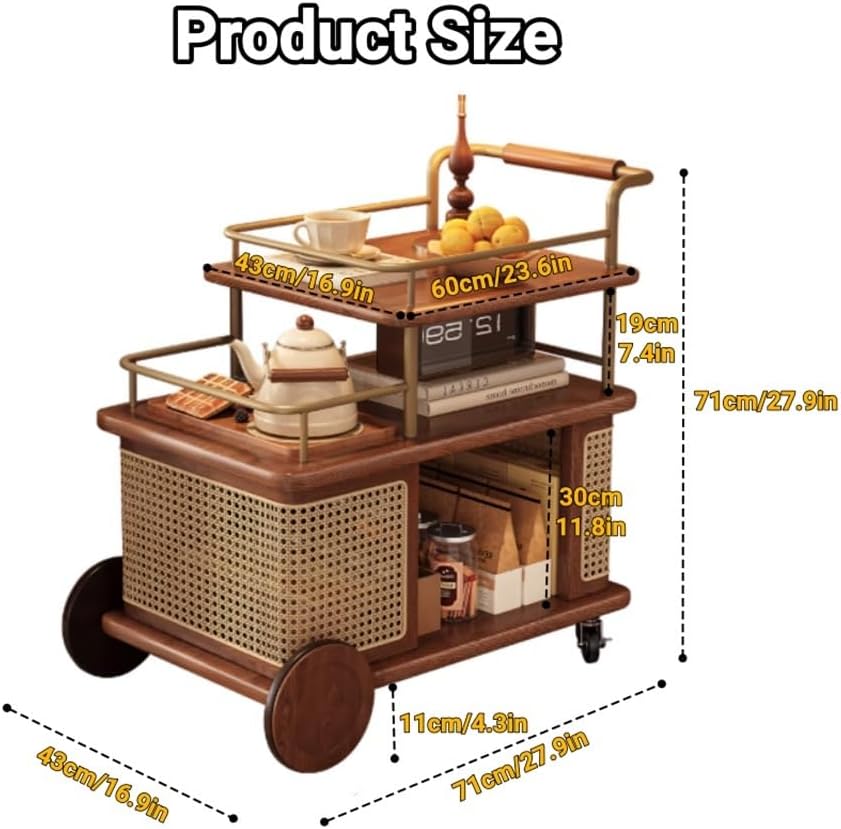 Solid Wood Mobile Side Table with Wheels, Rolling End Table with Storage Shel...
