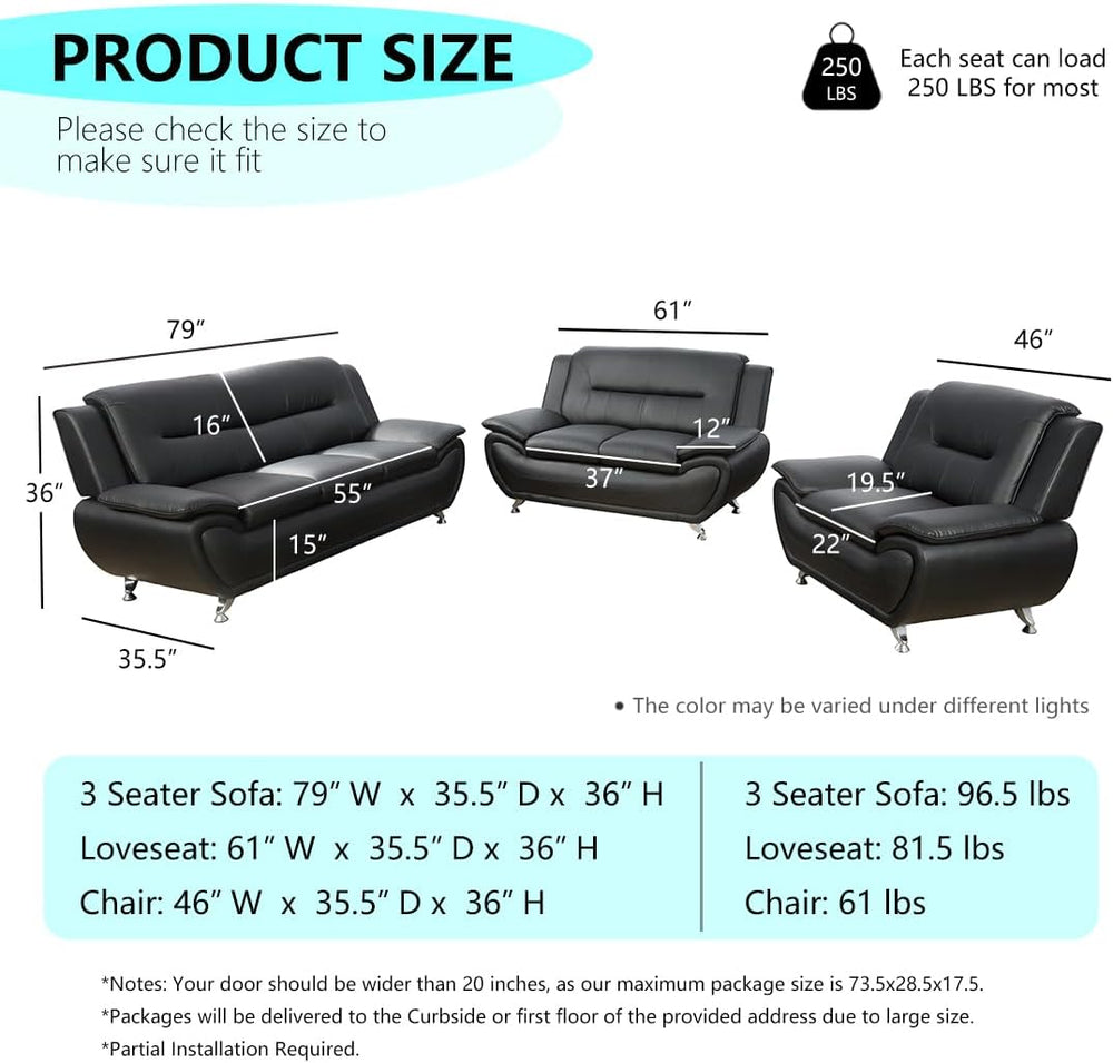 3 Piece Living Room Furniture Set, Contemporary Sectional Sofa Couches, Black...