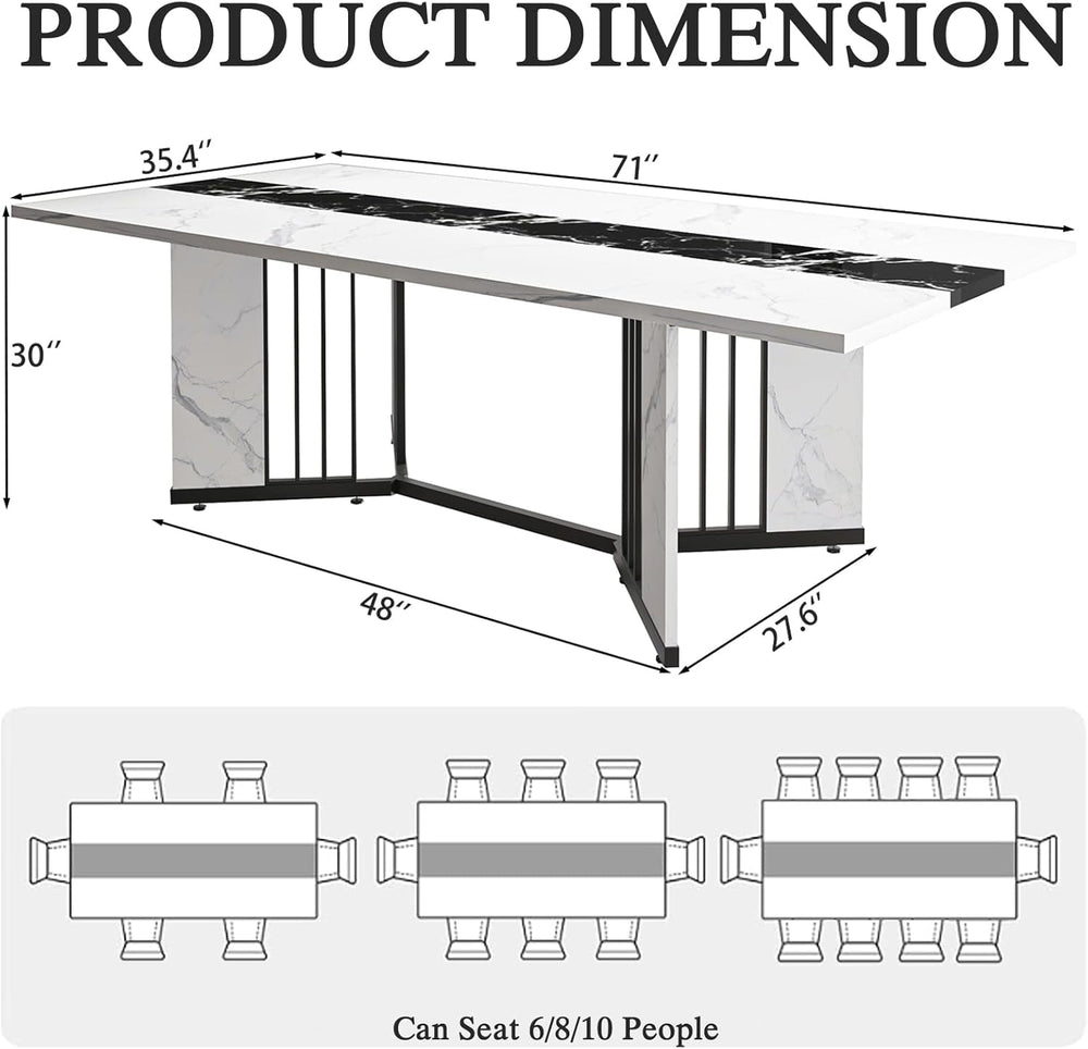 JassmiPkwy 71 Inch Dining Table for 6 8 10 People, Rectangular Faux Marble Ki...