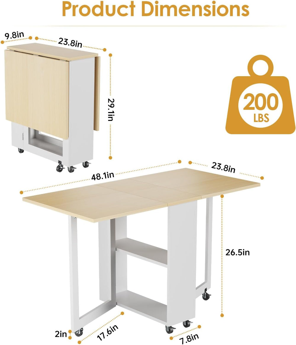 LotFun Folding Dining Table, Space-Saving Dining Table with 6 Rolling Wheels ...