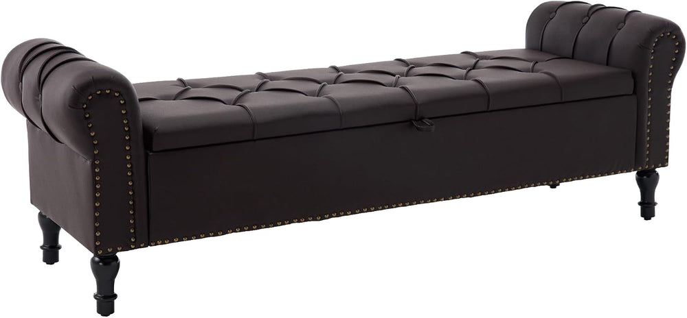 Faux Leather Storage Bench 67 Inch Upholstered Tufted Ottoman Bench with Arms...