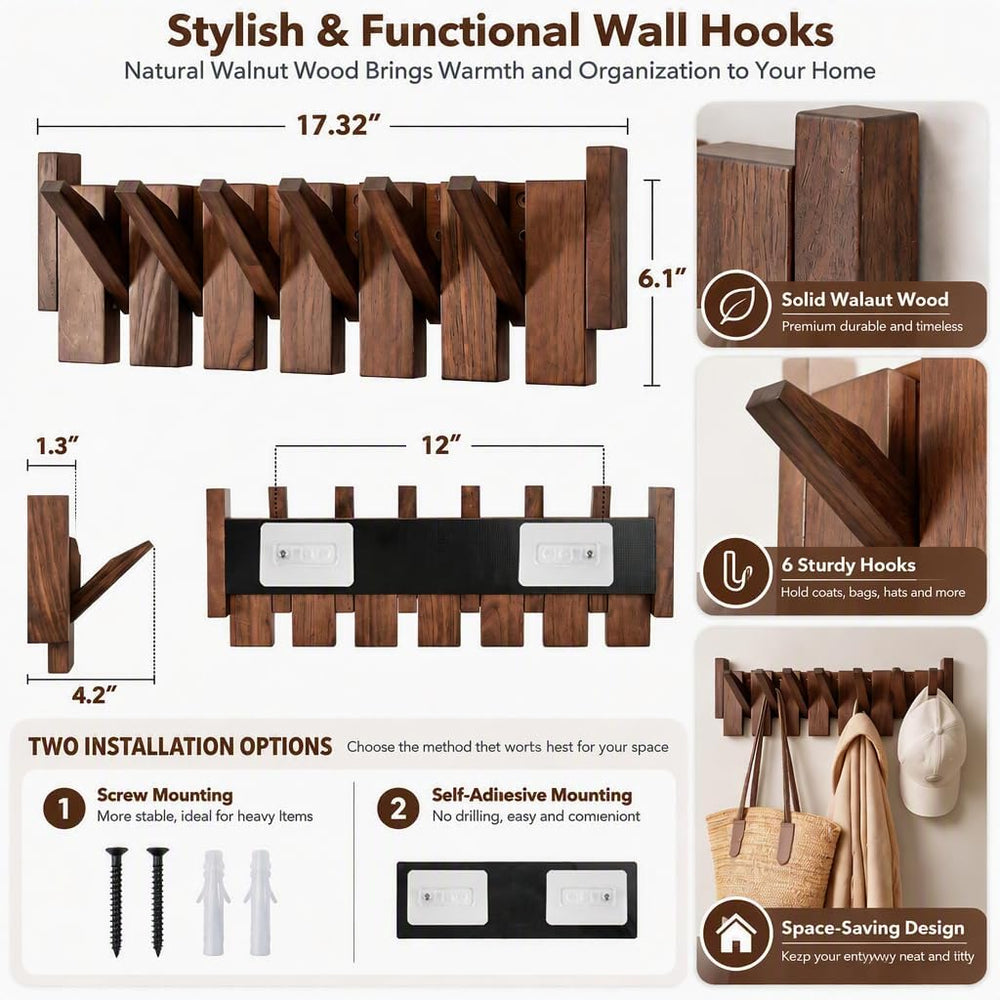 Walnut Wood Piano Coat Rack Wall Mount, Solid Wood Flip Down Wall Hook Rack 6...