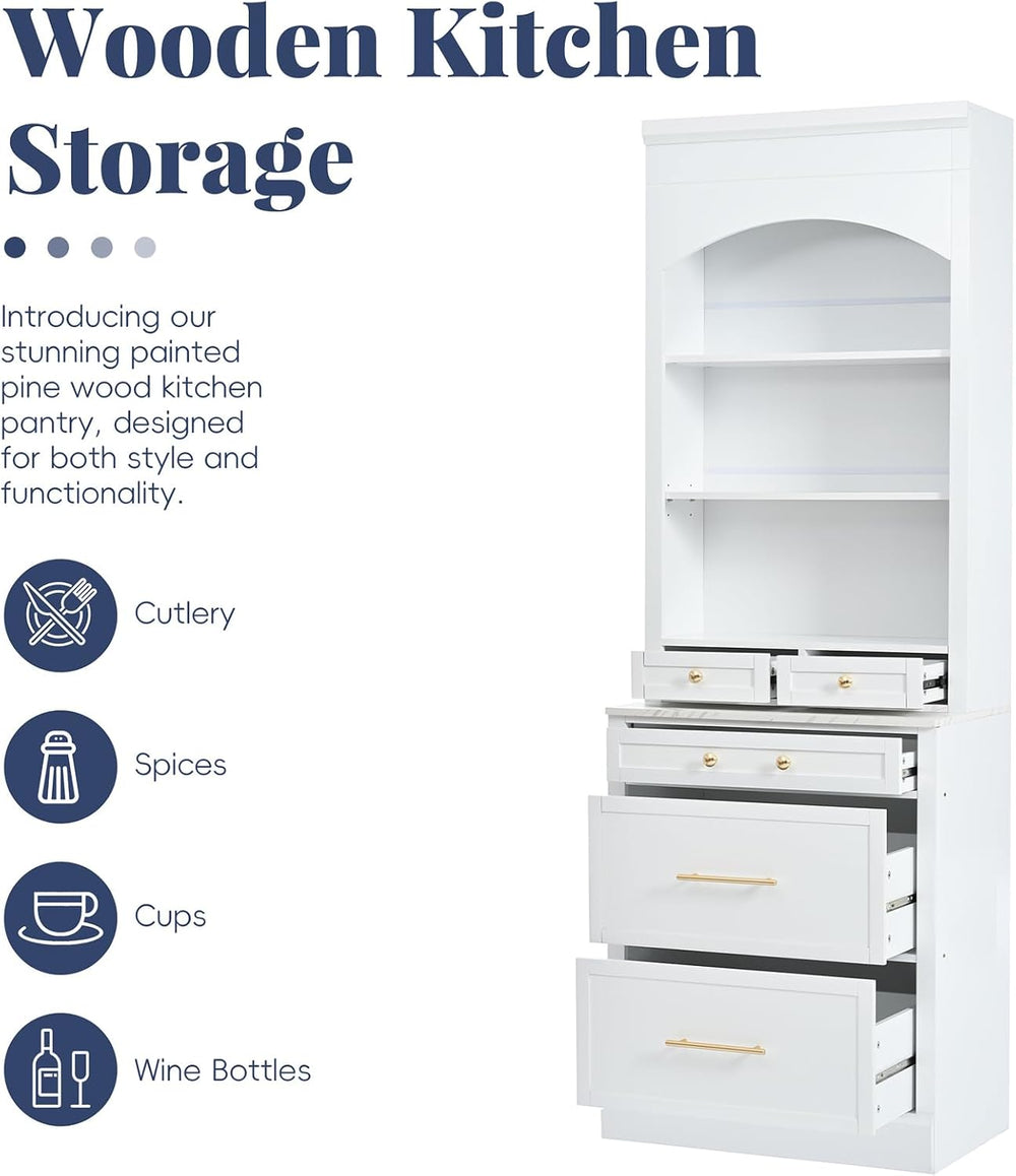 83.7” Tall Kitchen Pantry Storage Cabinet, Wooden Storage Cabinet with 5 Draw...