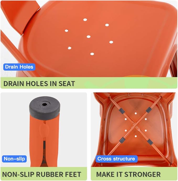 FDW | Set of 4 Metal Dining Chairs | Orange | Stackable Tolix Side Chairs wit...