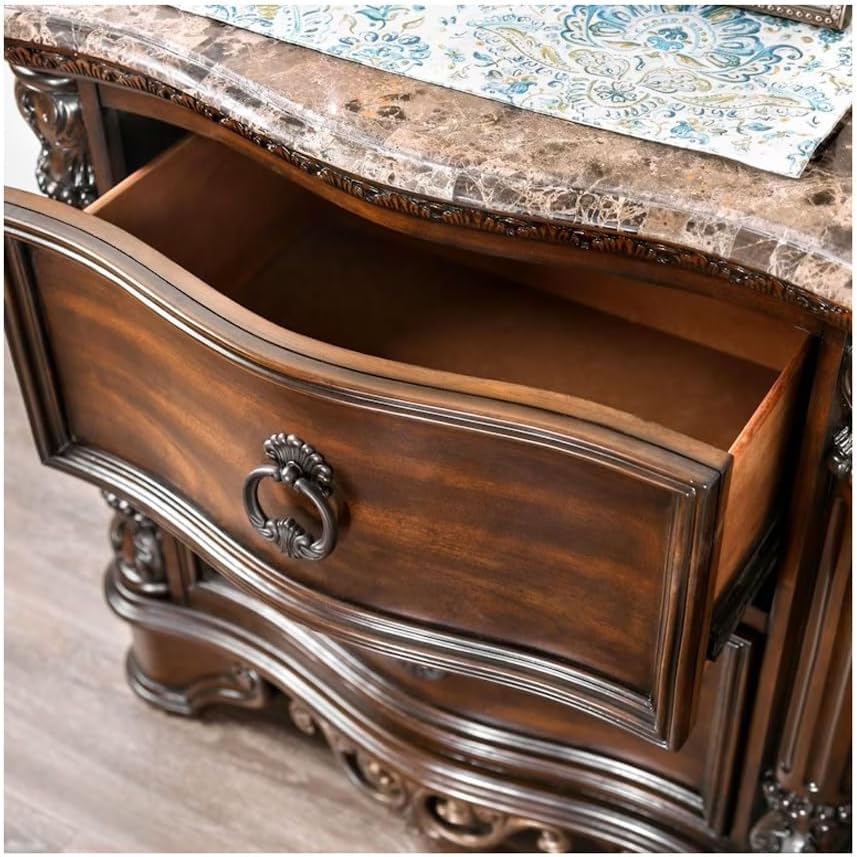 Genuine Marble Top Nightstand with 2 Drawers, Brown Cherry,for Small Spaces