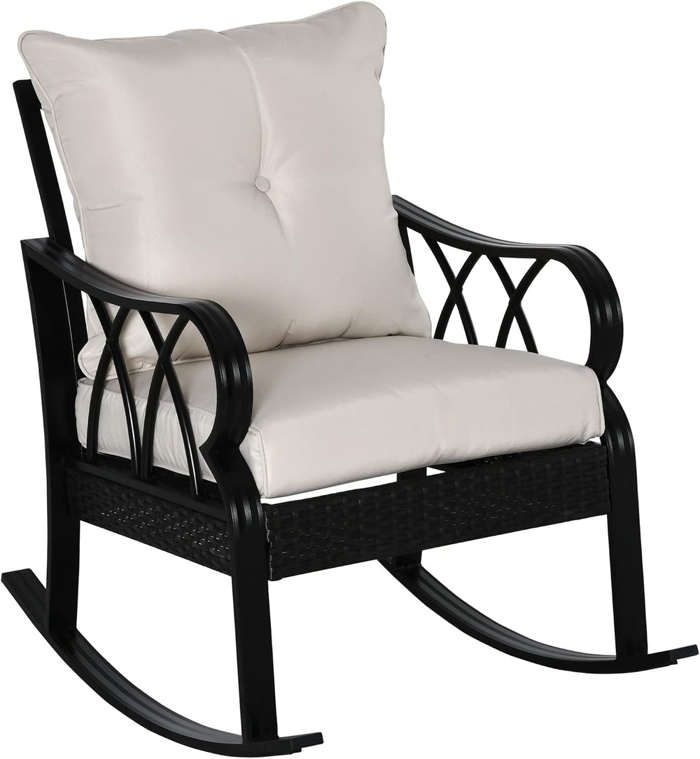 Outsunny Outdoor Wicker Rocking Chair with Padded Cushions, Aluminum Furnitur...