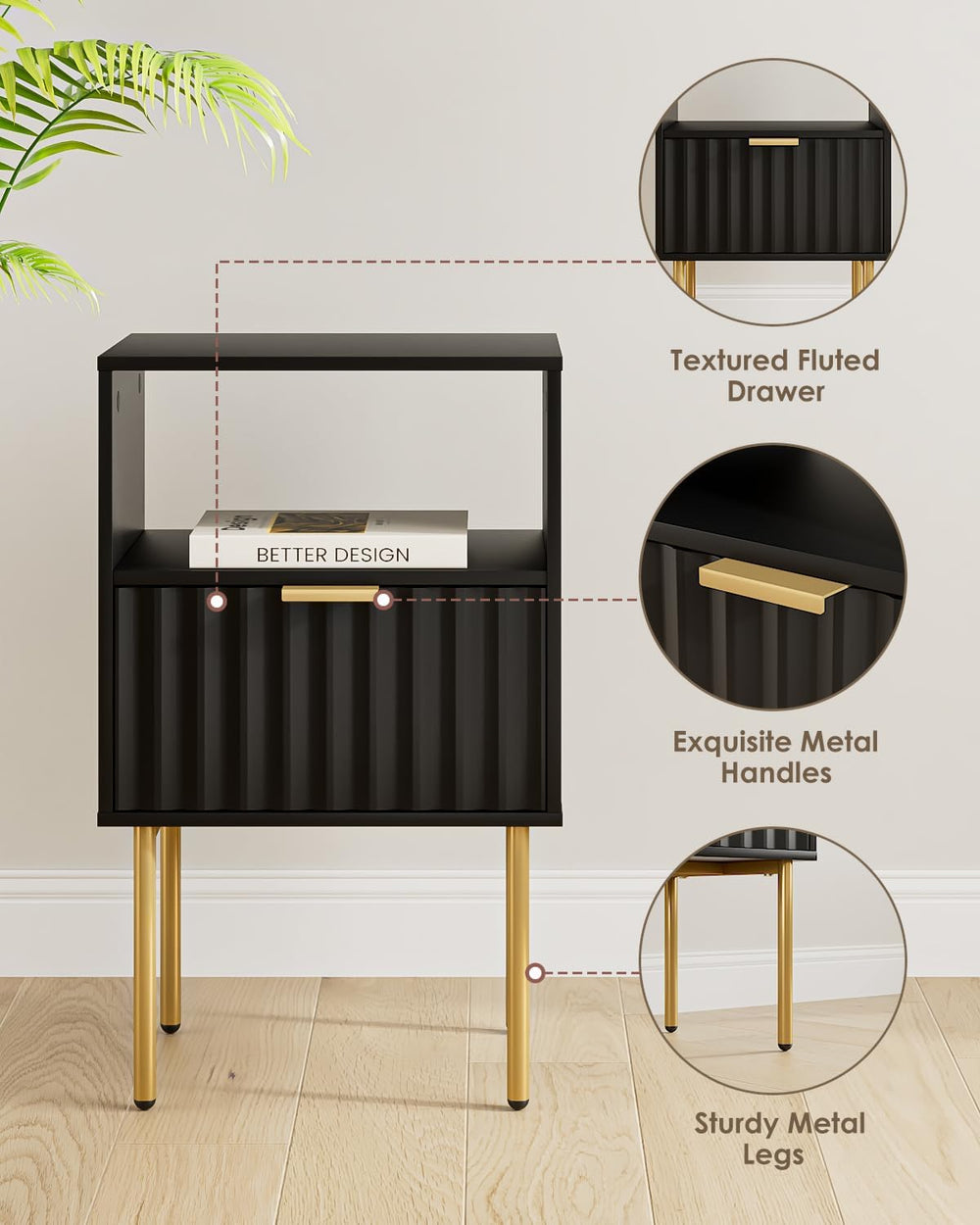 Nightstand,Modern Bedside Table with Gold Frame,White Night Stand,Bedside Fur...