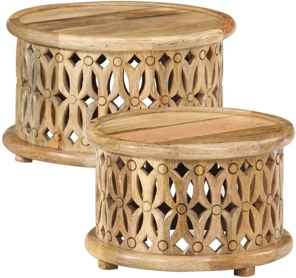 2 Piece Coffee Table Set Solid Mango Wood Round Nesting Side Tables for Livin...