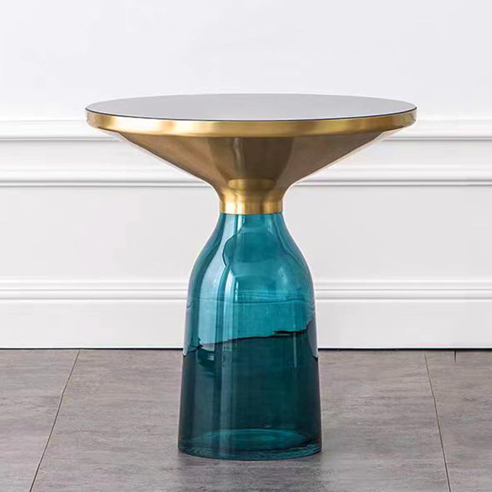 Small Glass Side Table for Living Room – Modern Round End Table with Hand-Blo...