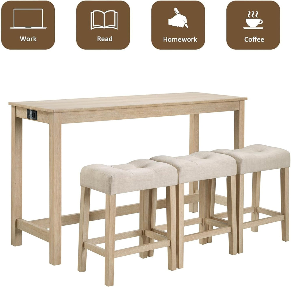 59" Counter Height Bar Table Set with Power Outlet, Industrial Breakfast...