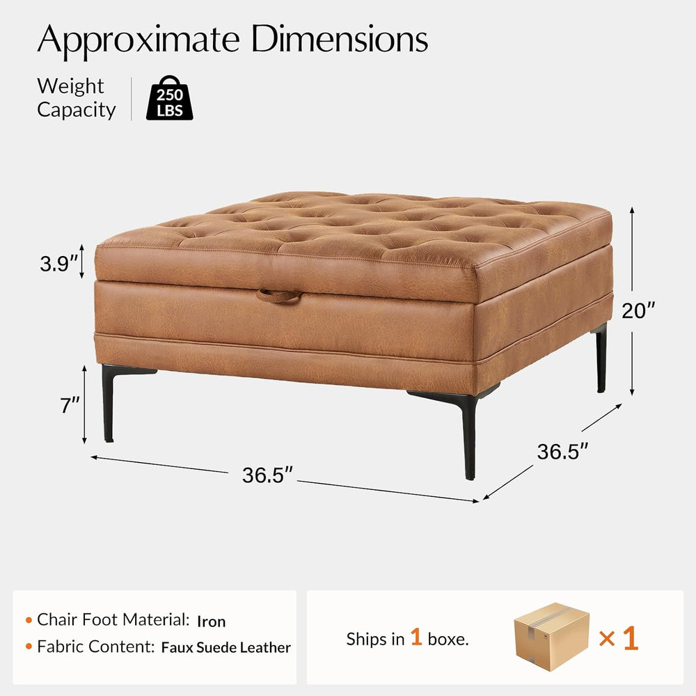 HULALA HOME Tufted Faux Leather Coffee Table, Camel | 36.5" Square Stora...