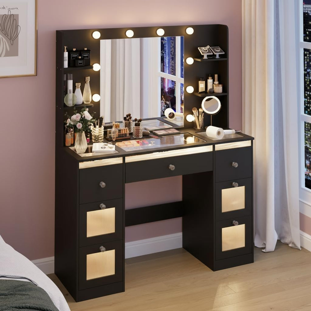 Glass Top Vanity Desk, Makeup Vanity Desk Black Dressing Table 23.5" Mir...