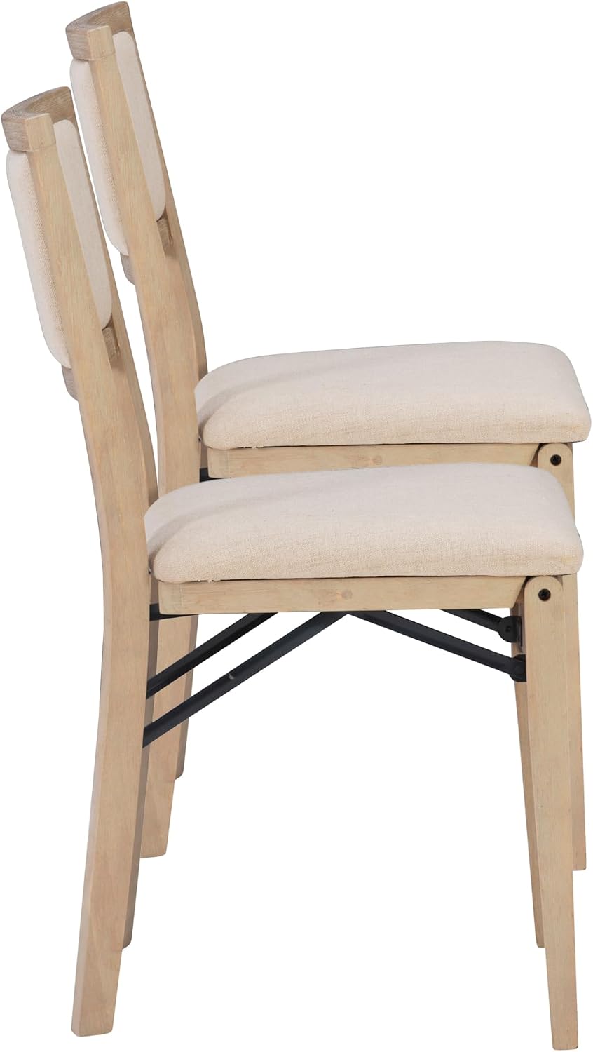 Linon Keira Natural Rustic Wooden Folding Chair with Beige Upholstered Seat a...