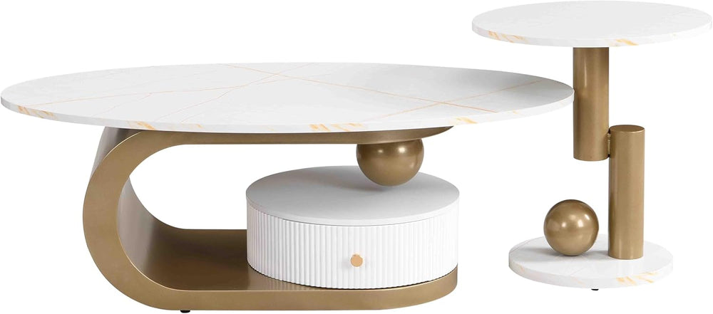 Modern Nesting Coffee Table Set of 2, Oval and Round Coffee Table Set for Liv...