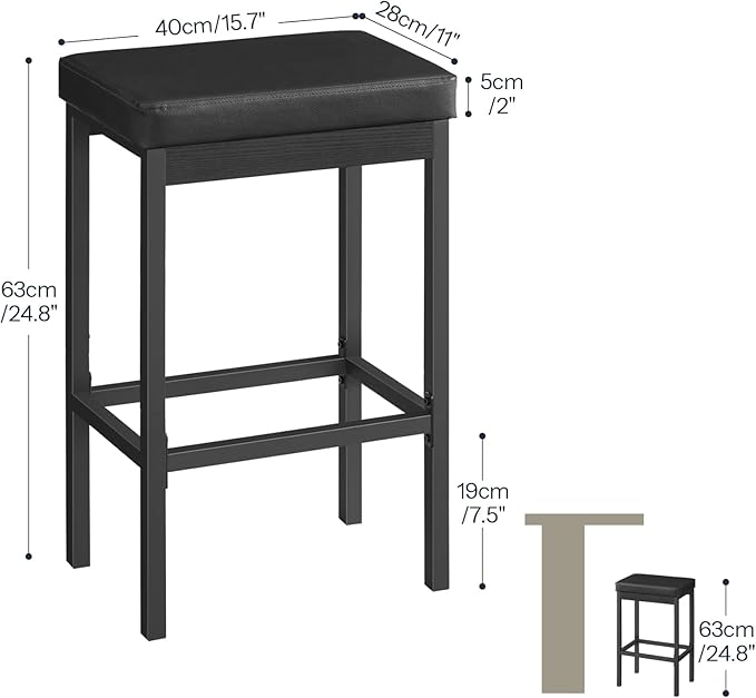 HOOBRO Bar Stools, Set of 3 Modern Black Rectangular Bar Chairs, 24.8-Inch He...
