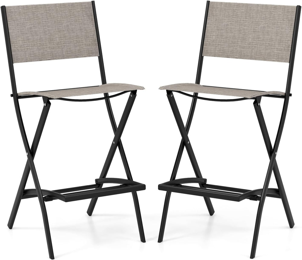 COSTWAY Outdoor Patio Folding Bar Chair Set of 2 with Metal Frame, Footrest