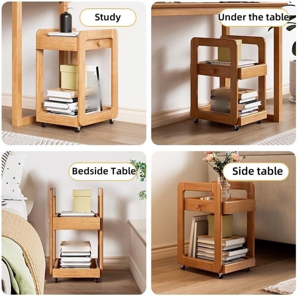 Side Table with 2 Tier Storage Shelf and Wheels Wood End Table Nightstand Bed...