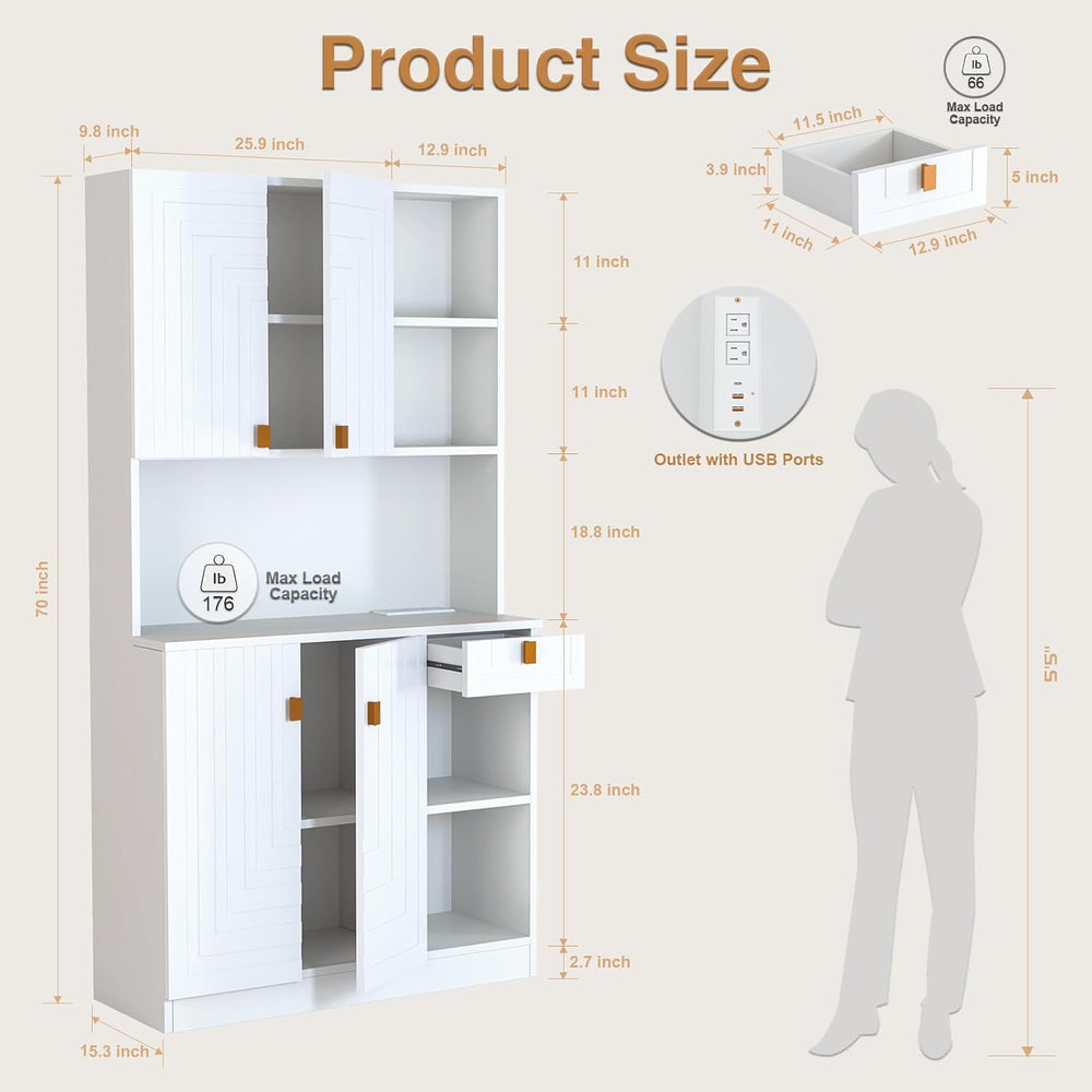 White Kitchen Pantry Cabinet, 71" Hutch Cabinet with Countertop & Po...