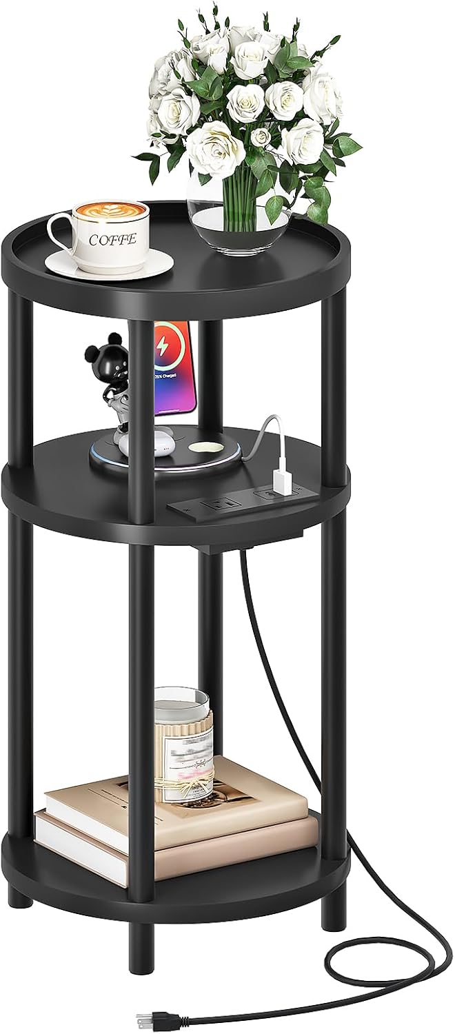 HOOBRO Small Round Side Table with Charging Station, 3-Tier Round Bamboo End ...