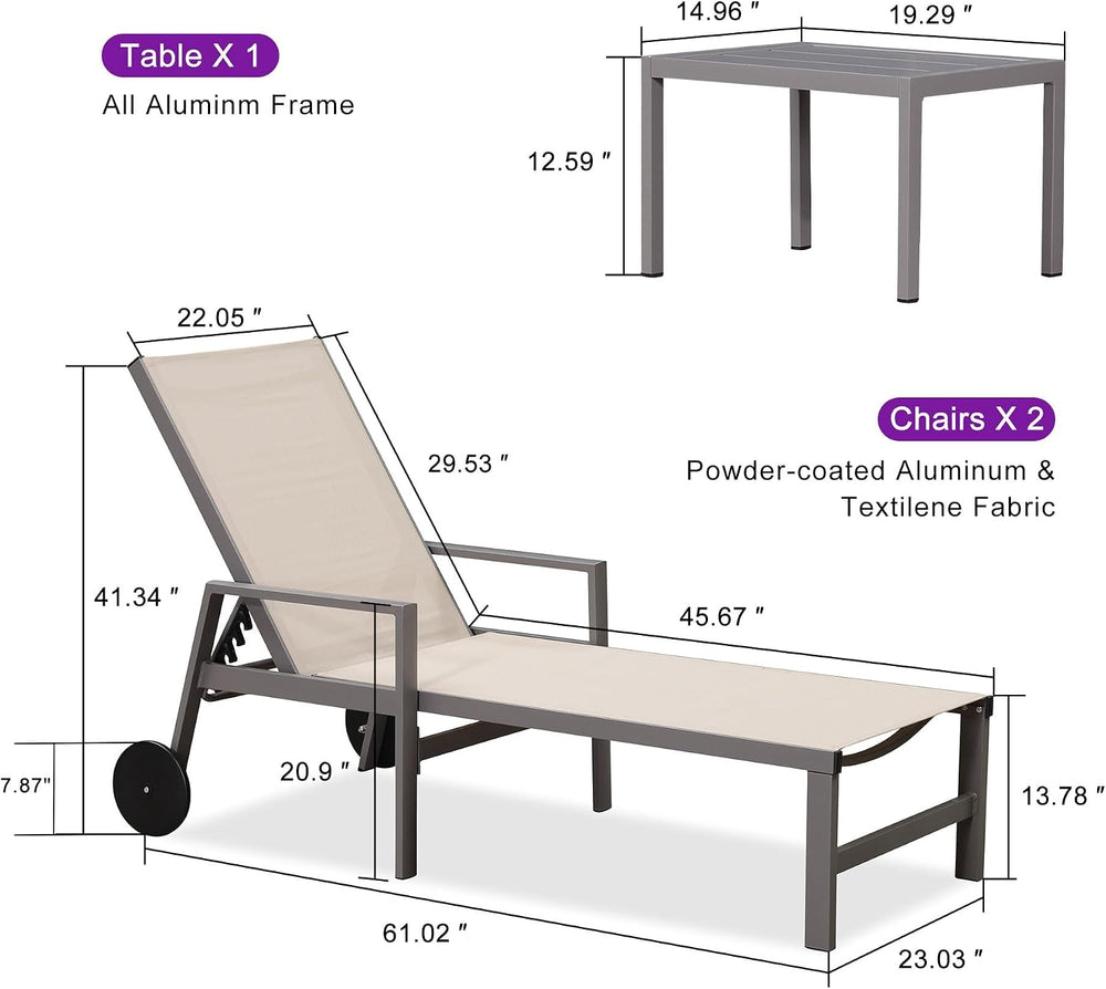 PURPLE LEAF Chaise Lounge Outdoor Set for 2 with Armrest, Khaki | All-aluminu...