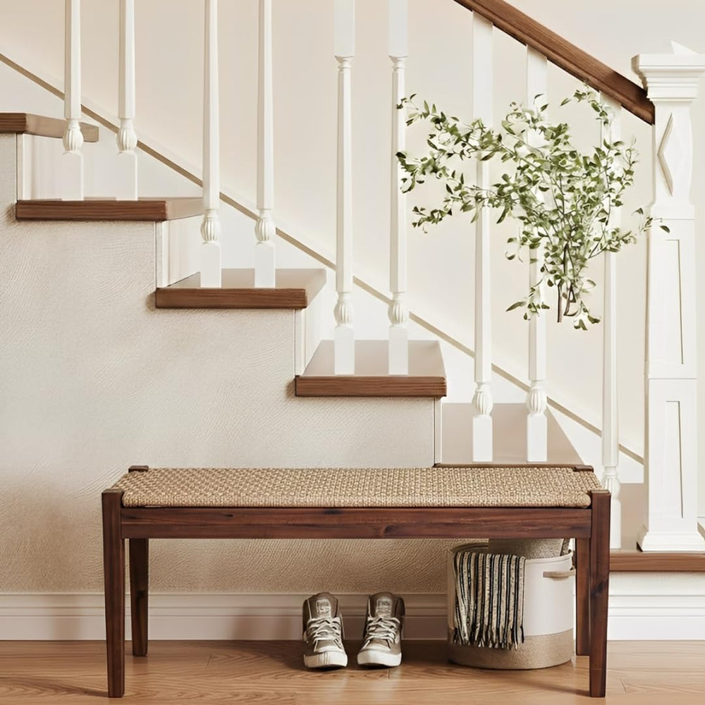 Vintage Entryway Bench, 45 inch Acacia Wood Bench with Woven Rope Seat, Wicke...