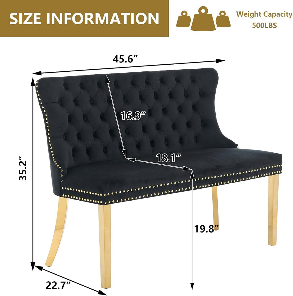 Velvet Dining Loveseat Bench with Wing Back, 2-Seat Tufted Bench with Gold St...