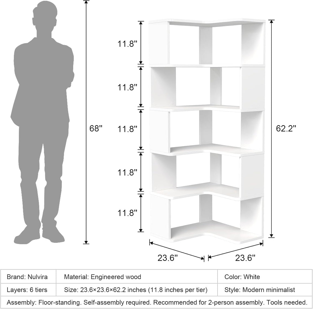 6-Tier Corner Bookshelf, 66" Tall L-Shaped Corner Shelf with Anti-Fall B...
