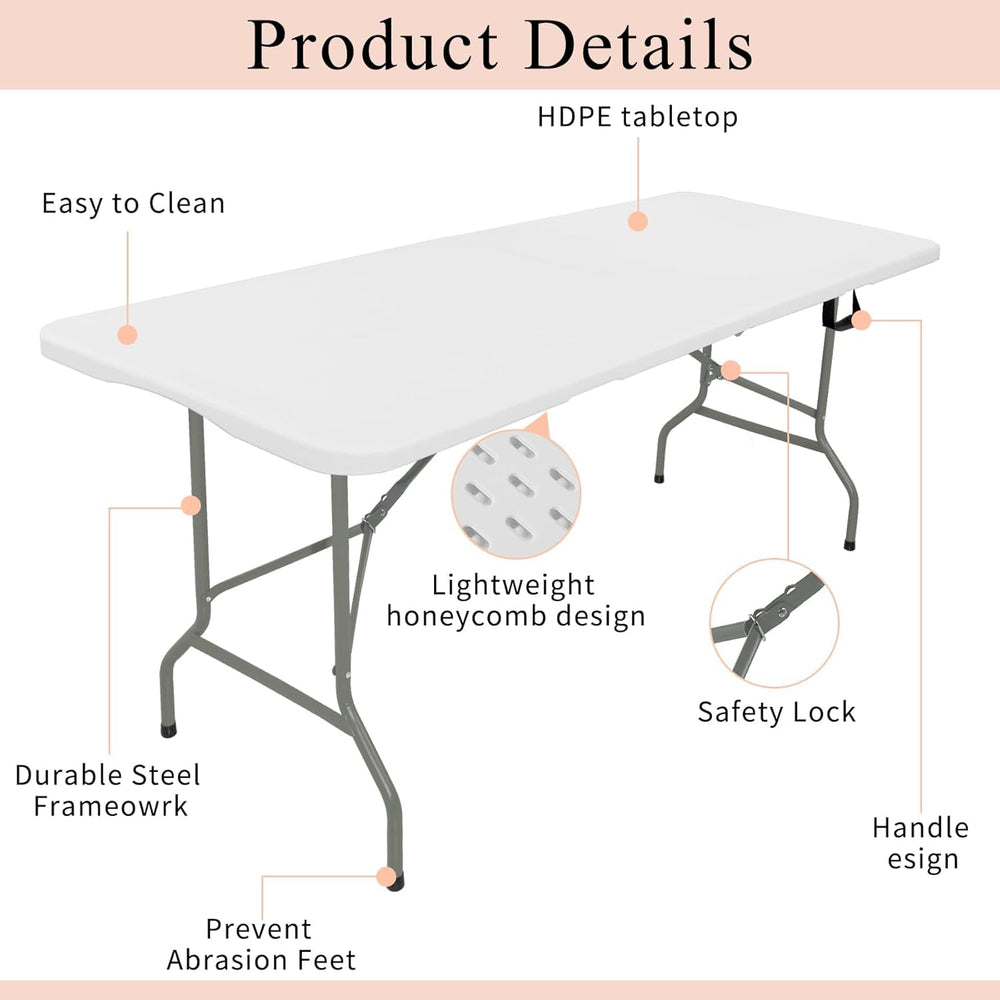 Set of 2 Folding Tables with Carrying Handle Lightweight 6FT Rectangular Port...