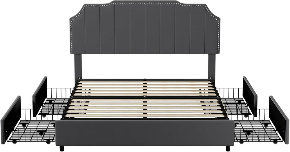 VECELO Queen Bed Frame with 4 Storage Drawers & Upholstered Platform &...