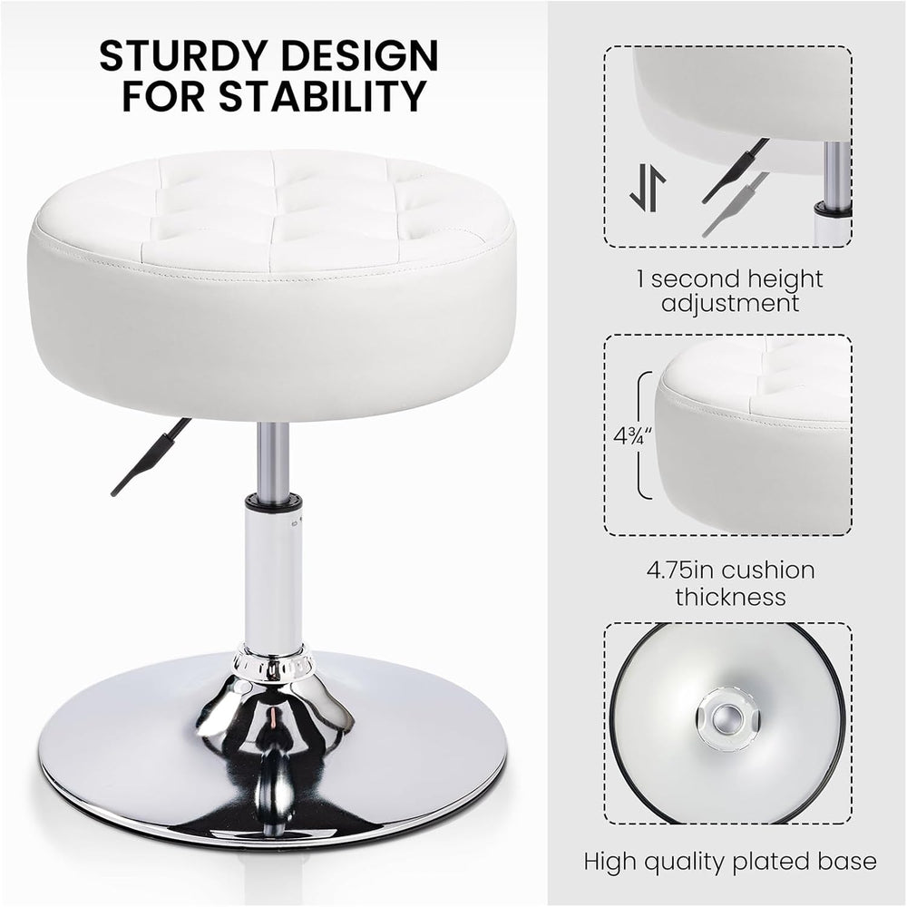 360° Swivel PU Leather Vanity Stool, White Makeup Chair for Bedroom, Large Ro...