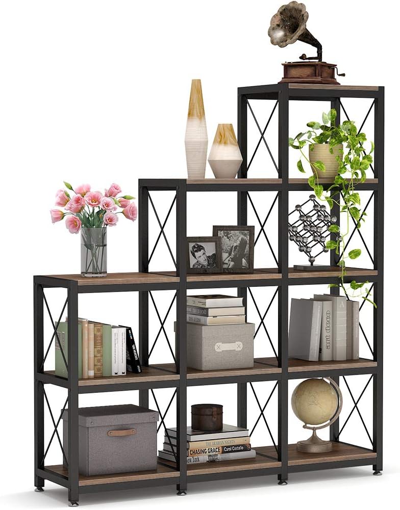 Tribesigns 12 Shelves Bookshelf, Industrial Ladder Corner Bookshelf 9 Cubes S...