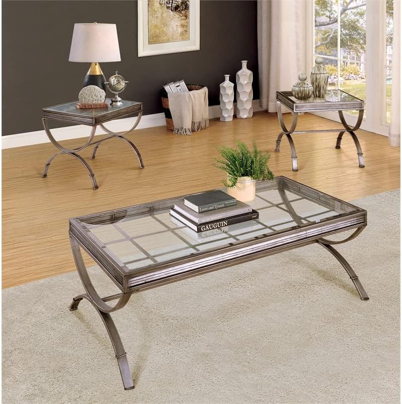 BOWERY HILL 3 Piece Coffee and End Table Set, Silver Finish, Metal Hourglass ...