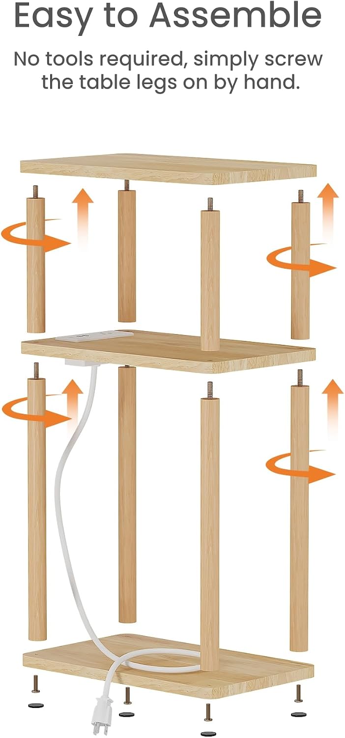 LUCKNOCK Solid Wood Side Table with Charging Station, 3-Tier Small End Table ...