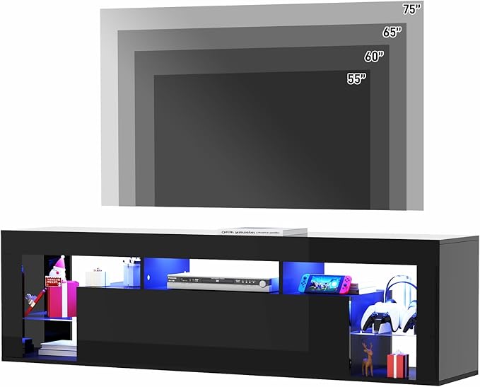 63" Floating High Gloss LED TV Stand for 75" TVs, Wall-Mounted Ente...