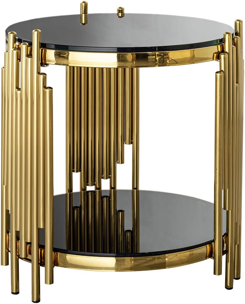 17.72" Round Sofa Side Table, 2-Tier Black Tempered Glass End Table with...