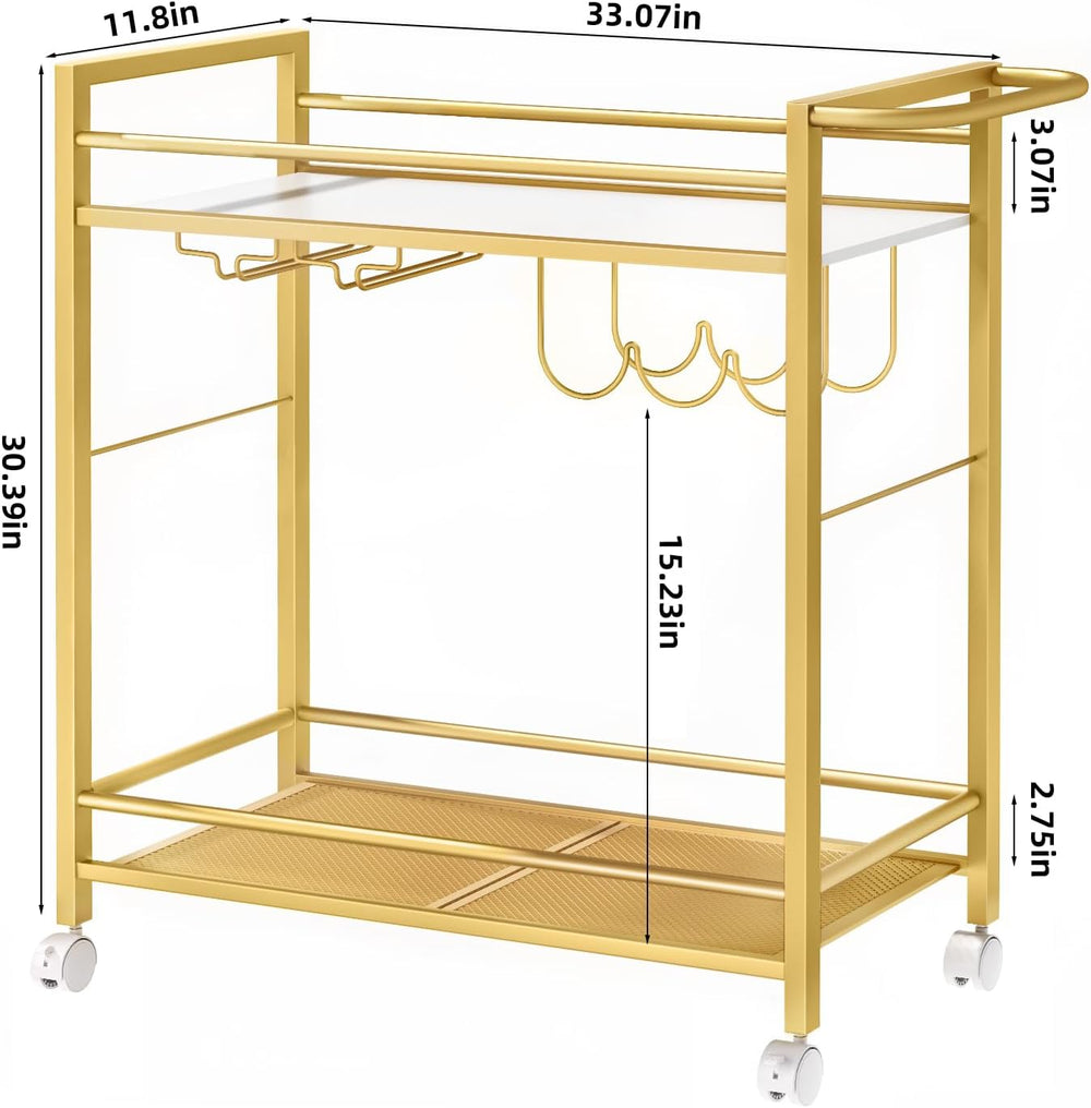 Joaxswe Bar Cart w/Wheels,2 Tier Home Bar Serving Cart,Flowing Gold