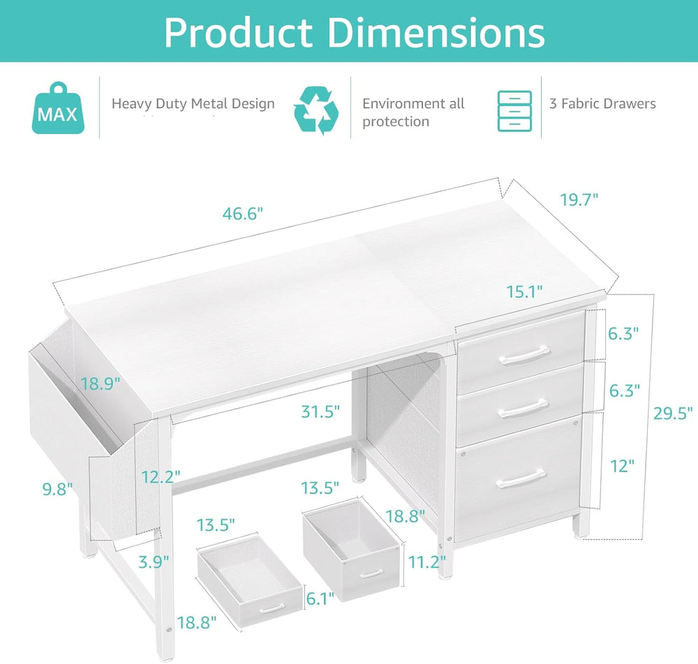 Lufeiya White Desk with File Drawers Cabinet, 47 Inch Reversible Computer Des...
