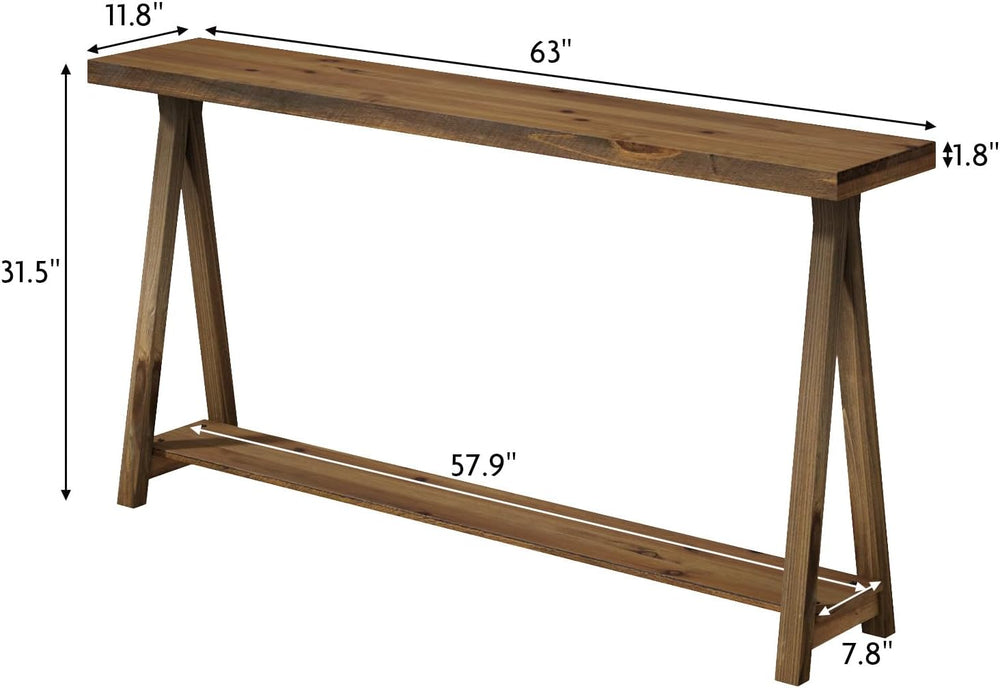 Farmhouse Console Tables for Living Room, 63" Solid Wood 2-Tier Sofa Tab...
