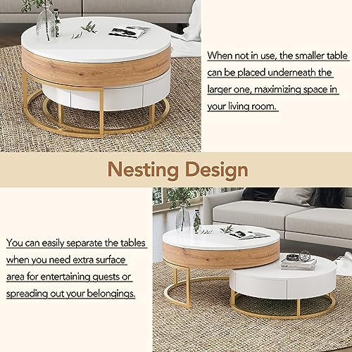 Modern Round Lift-top Nesting Coffee Tables with 2 Drawers Multiple End Table...